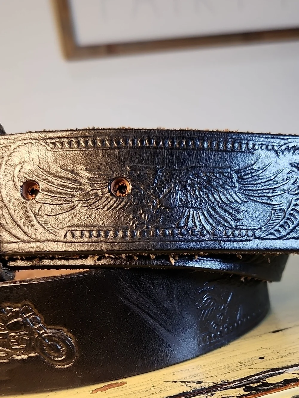 Vintage Harley Davidson Black Tooled Leather Biker Belt Sz 44 HD